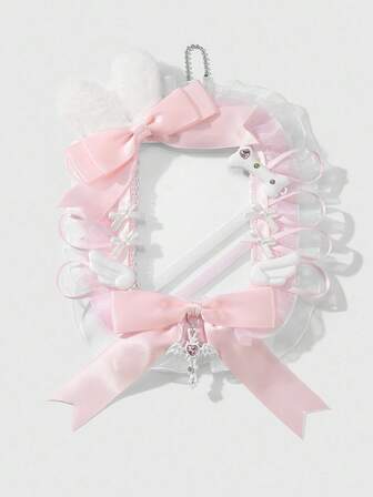 Kawaii 1pc Cute & Sweet Girl's Fashionable High-Quality Pink & White Plush Rabbit Acrylic Ribbon Bow, Wings, Rhinestone Heart, Cross, Lace Decor Acrylic ID Card Holder, Keychain & Bag Charm, Suitable For Office Workers, Students, Daily Wear, Holiday Gift