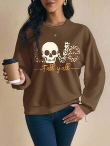 Glamance BiGraphic 女士字母与骷髅印花圆领落肩长袖休闲运动衫棕色长袖秋季运动衫棕色运动衫女士骷髅印花运动衫豹纹运动衫 - 咖啡棕 - 查看 6