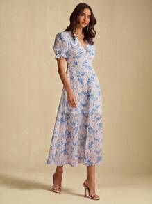 Enchnt Vestido midi elegante, romântico, azul, com decote em V, estampa floral, cintura marcada, manga curta, doce e elegante para férias, encontros, festas, formaturas, convidados de casamento e praia, vestido de baile, vestidos elegantes para festas - Azul - Ver 5