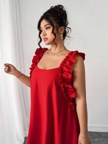 SHEIN PETITE Váy maxi cổ vuông không tay viền bèo màu trơn thanh lịch dành cho nữ cỡ lớn mùa Giáng sinh, mùa hè - Đỏ - Xem 4