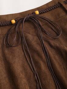 Sweetra 女式仿麂皮纯色半身裙（配腰带） - 棕色 - 查看 5