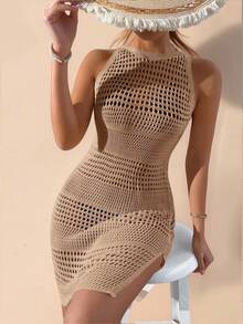 EMERY ROSE Women'S Round Neck Hollow Out Loose Cover-Up Dress With Side Slits,Summer Beach - Khaki - View 8