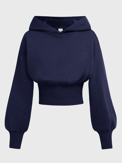 SHEIN Girlism Teen Girls' Navy Blue Hooded Cropped High Waist Long Sleeve Casual Solid Color Sweatshirt,In Fall/Winter