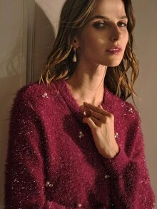 MOTF PREMIUM 仿珍珠细节毛衣 - 酒紅色 - 查看 3