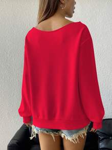 SHEIN EZwear 大码女式黑色露肩宽松纯色休闲长袖运动衫，适合秋冬季