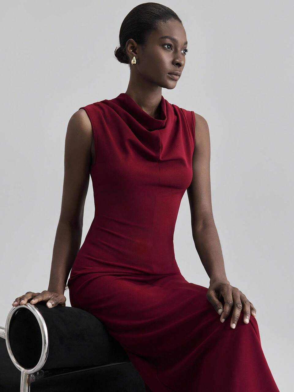 Women's Elegant Burgundy Summer Long Dress,Draped Neck Sleeveless Slit Minimalist Urban Style,Business Casual Office Dining Commuter Wear Clothing