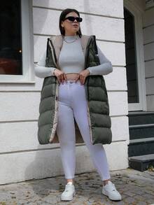 EURMUSE Plus Size Zip Up Drawstring Hooded Puffer Vest Coat - Army Green - View 6