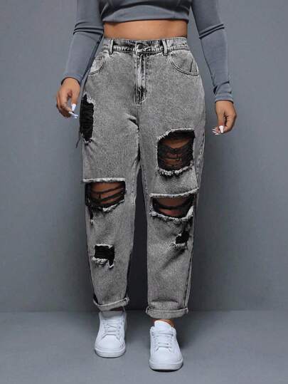 EURMUSE Plus Size Women High Waist Pockets Distressed Tapered Leg Jeans