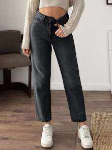 EURMUSE High Waist Slant Pocket Casual Mom Fit Jeans - Dark Grey - View 5