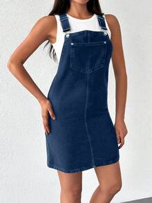 EURMUSE 女式休闲宽松口袋设计牛仔连衣裙 - 深色水洗藍 - 查看 5