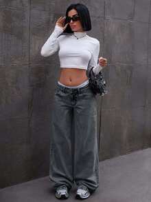 EURMUSE LOW RISE WIDELEG JEAN WITH BOW DETAILS - Grey - View 6