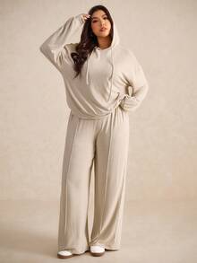 Elaquor Plus Size Solid Color Minimalist Casual Hoodie Long Sleeve Top And Pants 2 Pieces Set Fall - Grey - View 4