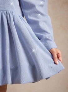 WESTFADE 水钻条纹编织长款泡泡袖纽扣前领迷你衬衫裙 返校装 可爱秋夏乡村音乐会 - 藍色 - 查看 3
