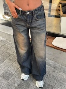 CasuGlow RueChic 100% 纯棉复古水洗 Y2K 高腰休闲阔腿裤，带原始斜口袋，适合日常休闲户外穿着 - 中等水洗藍 - 查看 4