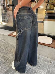 CasuGlow RueChic 100% 纯棉复古水洗 Y2K 高腰休闲阔腿裤，带原始斜口袋，适合日常休闲户外穿着 - 中等水洗藍 - 查看 5