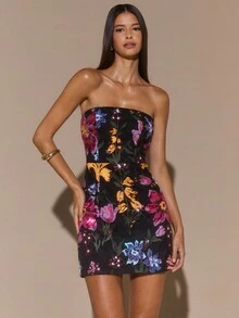 SHEIN BAE 秋冬纯色花卉3D刺绣亮片修身迷你连衣裙，适合情人节约会礼服，伴娘礼服，生日亮片长裙，露背连衣裙，适合派对，夜总会，正式场合亮片迷你连衣裙 - 彩色 - 查看 5