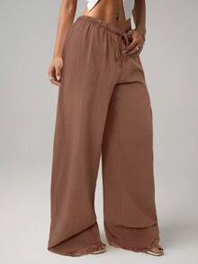 SHEIN ICON Quần ống rộng ống đứng cạp siêu thấp bằng vải lanh trắng có viền ren, dài đến mắt cá chân - màu nâu - Xem 5