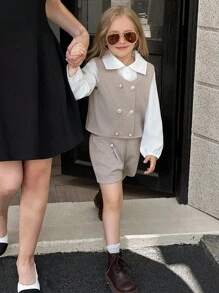 SHEIN Elladie kids 3件套女童长袖翻领休闲衬衫、精致珍珠纽扣背心外套、短裤套装，现代风格儿童服装，春秋冬装 - 卡其色 - 查看 3