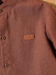 SHEIN 1 件青少年男孩立领绅士卡其色纯色休闲短袖衬衫，春夏 - 棕色 - 查看 5