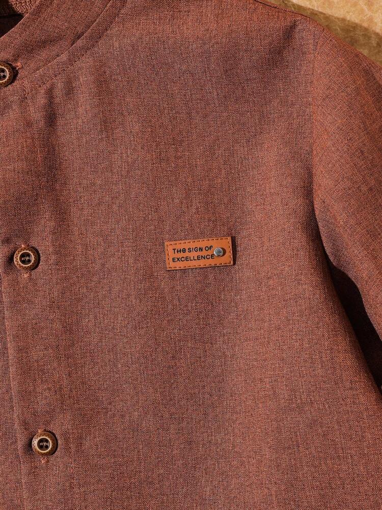 SHEIN 1pc Tween Boys' Stand Collar Gentleman Khaki Solid Color Casual Short Sleeve Shirt, Spring/Summer - Brown - View 5