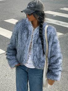 Muchica 秋冬女士蓝色长袖休闲蓬松仿皮草夹克 - 藍色 - 查看 4