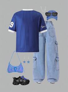 SHEIN Sparklyn Tween 女童休闲街头运动棒球夹克、冰球服、字母和数字印花 V 领 T 恤 - 藏蓝色 - 查看 2