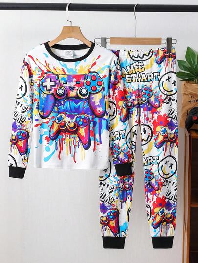 SHEIN 2pcs Kids/Tween Boys' Casual Everyday Comfortable Video Game Graphic Print Crew Neck Sweatshirt And Leggings 2 Pieces Outfit Set Halloween S Leggings Pull Pjs Automne Pyjama Set Snug Fit Fall Winter