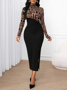 SHEIN Lady Váy ôm họa tiết hình học, thiết kế 2 trong 1, váy đi làm thanh lịch cho nữ - Nhiều màu - Xem 4