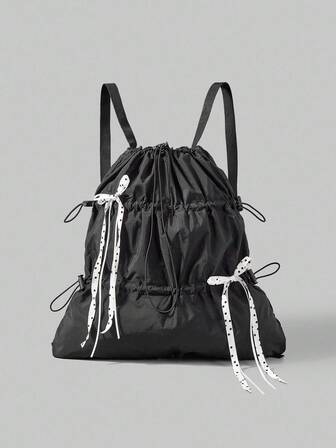 Grunge Punk Y2K süßer & sexy Rucksack mit Schleife und Kordelzug, minimalistischer silberner technisch inspirierter Zugbeutel, wasserdichter leichter Beutel mit großer Kapazität und Faltfunktion, Sporttasche, geeignet für Lässig, Reisen, Pendeln und täglichen Gebrauch