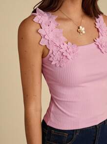 Enchnt Summer Romantic Women Pink 3D Flower Decor Ribbed Fitted Tank Top, Casual & Comfortable For Birthday & Holiday Party & Sweet Date & Daily Commuting & Vacation & Wedding Season Essential,Summer Versatile For Women,Concert Women,Elegant - Pink - View 2