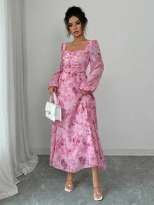 Modelyn Women's Autumn Long Sleeve Chiffon Dress With Front Ruched Design & Butterfly Print Pattern Fall Cloth For Women - Pink - View 7