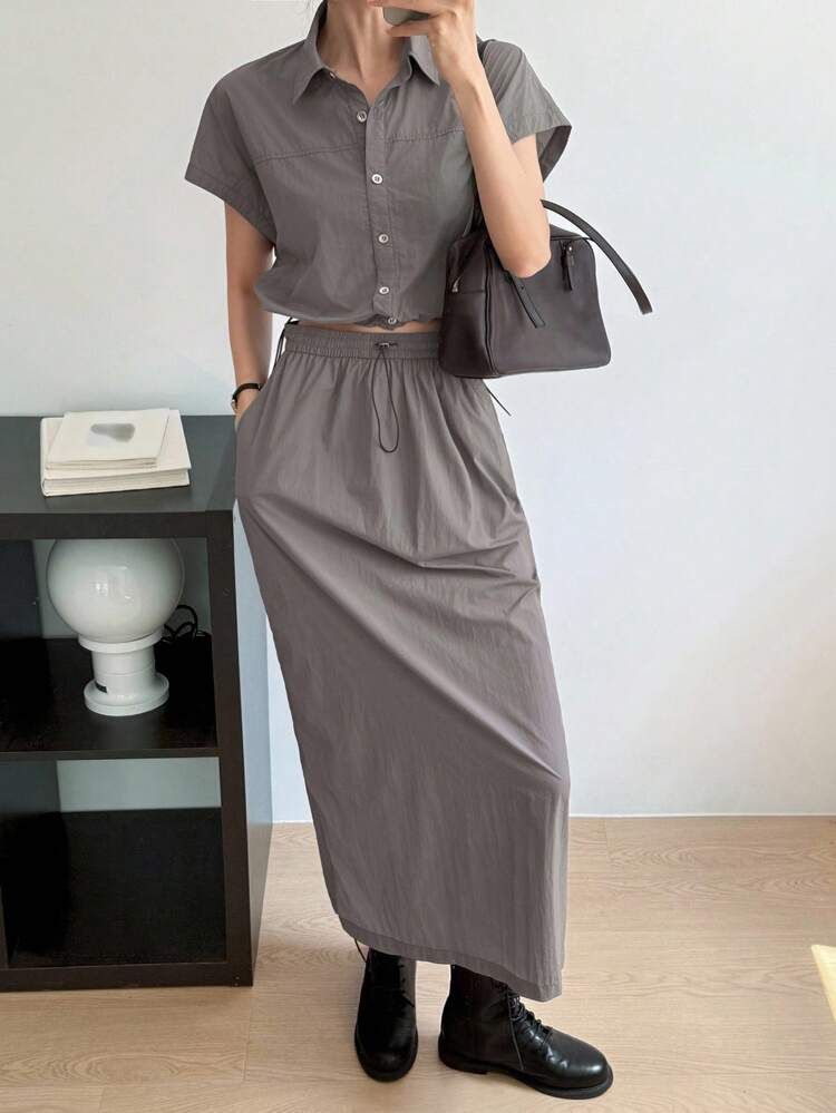 2pcs Women's Business Casual Short Sleeve Button-Up Shirt And Skirt Set, Autumn