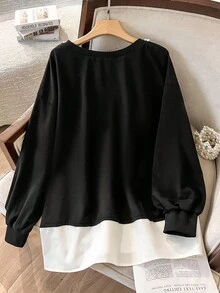 Lacomfia Damska luźna bluza z okrągłym dekoltem i długim rękawem, zdobiona perłami, swobodna, codzienna i uniwersalna, w dużych rozmiarach