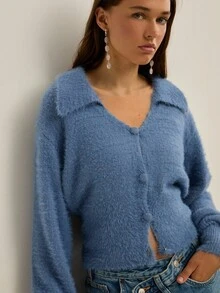 Nöista Fuzzy Dusty Blue Cardigan With Button Front,Soft Plush Texture Cozy Chic Knitwear Perfect For Autumn Casual School Back-To-School Layering In Winter - Dusty Pink - View 5