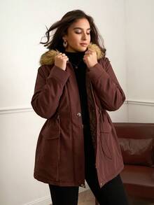 Chikora 大码女式加厚保暖棉质外套（仿毛皮），适合秋季、冬季、外出、工作、办公室等各种场合，也适合商务女性穿着。 - 棕色 - 查看 7