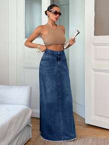 100% Cotton Low Waist Denim Wide Hem Denim Skirt - Dark Wash - View 5