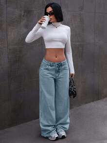 EURMUSE 蝴蝶结低腰阔腿牛仔裤 - 淺藍色 - 查看 5