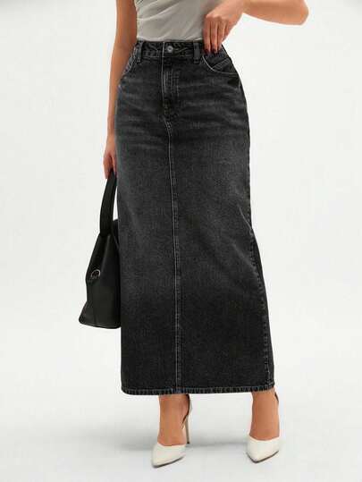 CLARA VERO Women's Pocket Straight Loose Casual Versatile Denim Midi Skirt,Skirts,Skort