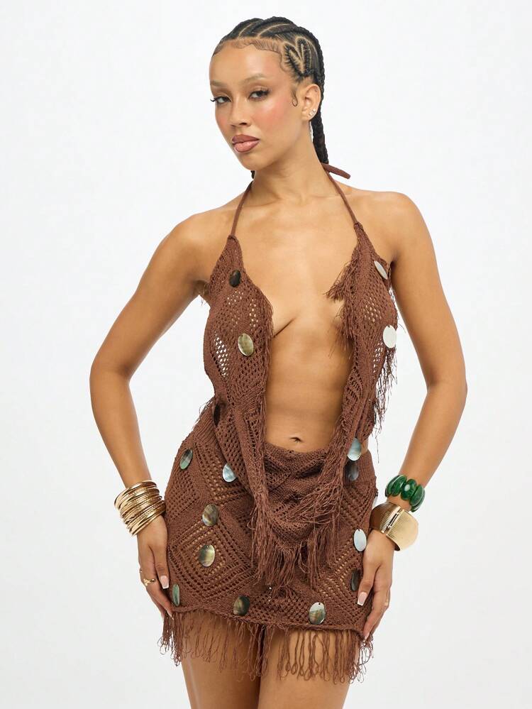 SUMWON WOMEN Crochet Knit Halter Top With Metallic Discs And Fringe