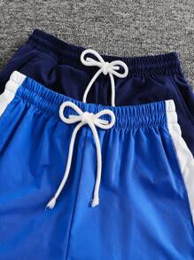 SHEIN 2pcs Teens/Youth Boys Casual Solid Color Workout Sports Shorts,Comfortable Versatile Navy Summer Streetwear,Suitable For School,Leisure,Travel - Royal Blue - View 4