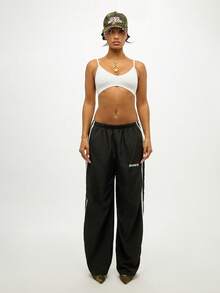 SUMWON WOMEN 阔腿家居服运动裤侧条纹休闲运动复古风格高腰飘逸裤秋冬运动休闲裤 - 黑色 - 查看 5