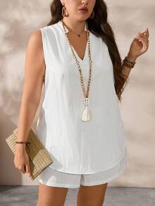 SHEIN CURVE+ Plus Size Women Elegant Casual Sleeveless Top And Shorts 2 Pieces Set