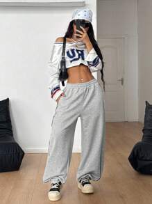Coolane Quần ống rộng ống rộng màu xám Pháp thời trang dạo phố mùa thu dành cho nữ Lễ hội cổ điển ra ngoài Y2K Quần áo thể thao Athleisure - Màu Xám nhạt - Xem 3