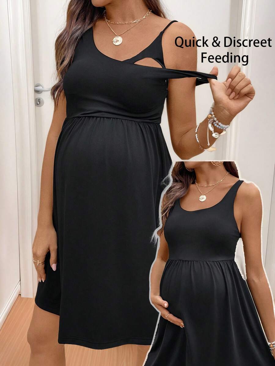 SHEIN Váy bầu màu trơn có chức năng cho con bú - màu đen - Xem 1