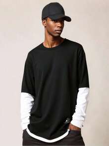 SHEIN Teen Boys' Basic Back To School Black & White Contrast Color Block Casual T-Shirt, Comfortable, Fashionable, Versatile, Soft Fabric, Suitable For Daily Wear, School, Travel, Outdoor Sports, Back To School, Autumn/Winter Long Sleeve Tee Winter Clothes Fall Boys Long Sleeve Top Teen Boys Shirt