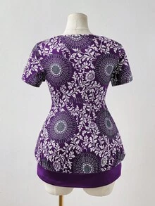 Sunspun 大码女式春夏短袖撞色图腾印花优雅复古休闲度假A字T恤 - 紫色 - 查看 2