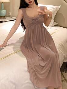 DAZY Romantic Mesh Knit Fabric Ruched Design Lace Patchwork Slip Dress For Women Pajama - Brown - View 4