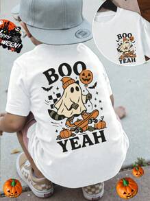 GraphicGems Áo thun cổ tròn tay ngắn họa tiết gấu trúc hoạt hình Halloween vui nhộn, thời trang thường ngày cho bé trai, chữ cái sáng tạo, quả bí ngô, ván trượt, thích hợp mặc trong ngày lễ và hàng ngày, cho tiệc Halloween - trắng - Xem 5