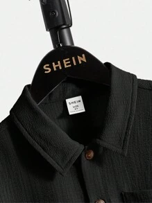 SHEIN Tween Boys' Casual Comfortable Loose Fit Short Sleeve Button Down Shirt With Letter Patched - Black - View 4