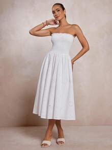 L'Amorae 女士贝壳刺绣褶饰中长修身喇叭连衣裙 - 白色 - 查看 3